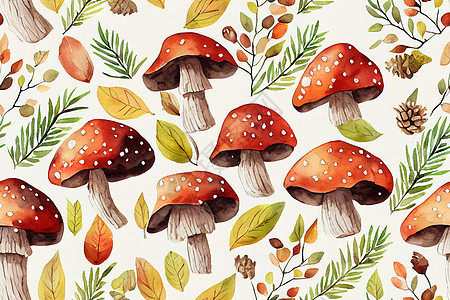 水彩秋天森林模式 手画蘑菇 罗丹 秋季图片