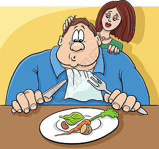 漫画中的悲伤男子在饮食幽默的插图上背景图片