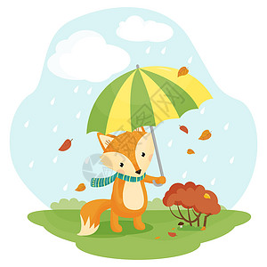带雨伞的卡通狐狸 矢量插图图片