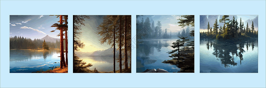 一套海报 山脉湖北部风景平板矢量图 带有树苗山的自然景观和树木山场景装饰爬坡木头孤独插图卡通片旅行风格剪影图片