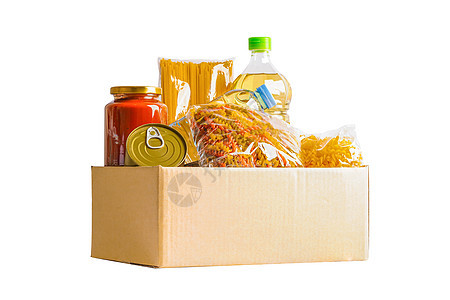 捐赠盒里的食物是志愿者帮助人们的食品贮存纸板志愿杂货店产品服务捐款送货开箱必需品图片