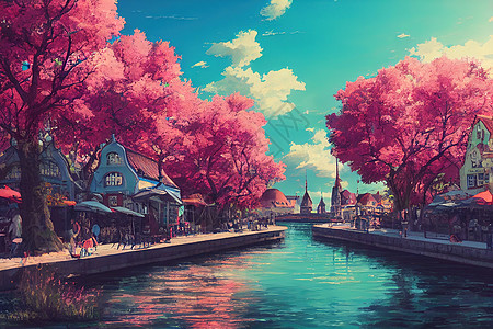 动画风格 老城的景色夏季观景图片