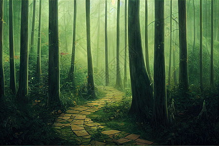 森林背景绘画中的幻想情境 2d 插图图片
