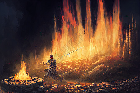 骑士拿着魔法剑坐在烈火上图片