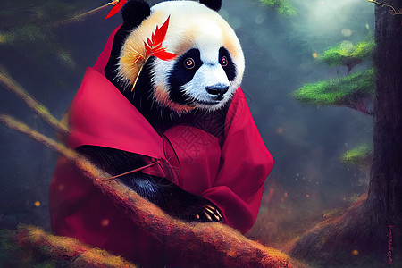 一个幻想中的日本熊猫 打扮成红衣主教童话树木魔法小路渲染故事薄雾3d辉光想像力图片