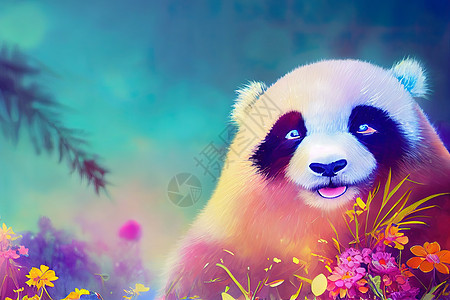 充满色彩的日本熊猫 幻想中的日本熊猫森林林地魔法动物童话世界空地花园3d薄雾图片
