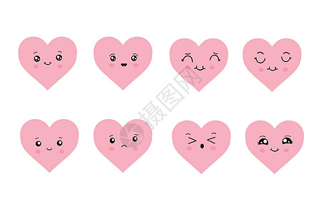 可爱的心 一组可爱的表情符号图标 手绘情感卡通人物 不同面孔的可爱爱情角色 有趣的积极情绪图片