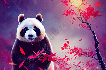 一个幻想中的日本熊猫 打扮成红衣主教森林动物魔法3d林地树木艺术世界童话小路图片