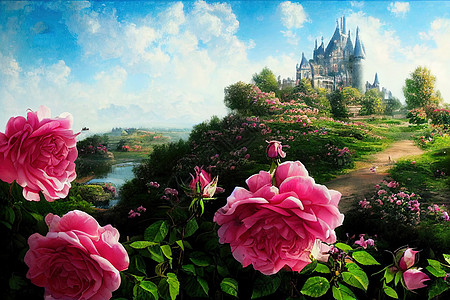 充满玫瑰和花朵的奇幻之地美丽的夏月风景图片
