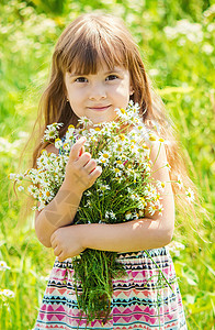 有甘菊的女孩 有选择性的焦点 自然的花朵篮子草药太阳野餐家庭母性眼睛眼泪洋甘菊花圈图片