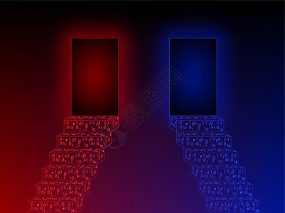 二进制代码中蓝色和红色 2 级楼梯末端的隧道 首选科幻插图 通往虚拟现实的霓虹灯门户 发光效果图片