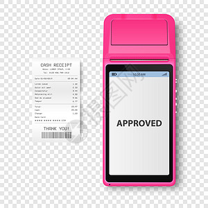矢量 3d NFC 支付机 具有批准状态 纸质支票 收据隔离 WiFi 无线支付 POS 终端 银行支付非接触式终端的机器设计模图片