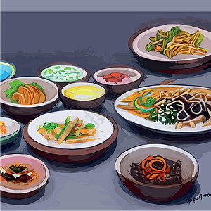 亚洲食物刻在桌子上 面盘放在风景最顶端 食品菜单设计配熟面条矢量国家餐厅寿司健康盘子烹饪茶壶美食插图厨房图片