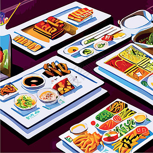 亚洲食物刻在桌子上 面盘放在风景最顶端 食品菜单设计配熟面条矢量用餐蔬菜饮食盘子厨房插图烹饪午餐横幅美食图片