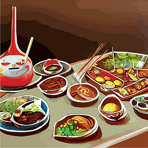 亚洲食物刻在桌子上 面盘放在风景最顶端 食品菜单设计配熟面条矢量美食厨房庆典鸭子新年烹饪涂鸦插图横幅木头图片