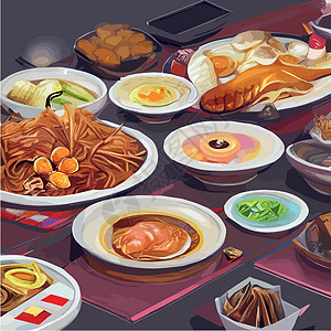 亚洲食物刻在桌子上 面盘放在风景最顶端 食品菜单设计配熟面条矢量健康柠檬横幅盘子插图蔬菜茶壶餐厅美食饺子图片