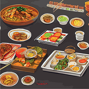 亚洲食物刻在桌子上 面盘放在风景最顶端 食品菜单设计配熟面条矢量横幅沙拉营养茶壶烹饪健康午餐插图美食厨房图片