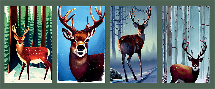 一组垂直海报 北部森林和野鹿肖像 矢量图示 带深冬季的风景以及北草林和野鹿肖像松树木头公园季节叶子哺乳动物场景麋鹿绘画荒野图片