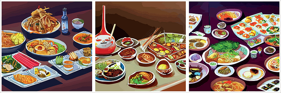 餐桌上刻着一套亚洲食品 最顶端是面条盘 菜菜单设计配熟面条食物餐厅收藏烹饪午餐横幅美食健康筷子桌子图片