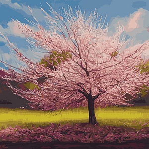 现实的萨库拉树 高雅的日本特色 有粉红色花瓣在绿色草原上的鲜花植物 亚洲人野花植物群边缘热带卡片草地插图设计雕刻季节图片