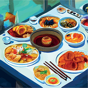 亚洲食物刻在桌子上 面盘放在风景最顶端 食品菜单设计配熟面条矢量筷子房子厨房油炸盘子命令烹饪插图柠檬餐厅图片