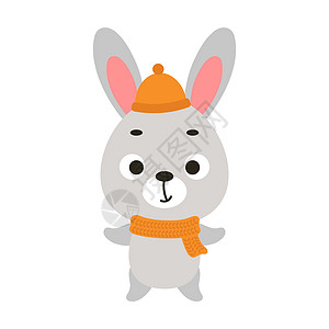戴着帽子和围巾的可爱小兔子 儿童 T 恤 托儿所装饰 迎婴派对 贺卡 邀请函 室内装饰的卡通动物角色 矢量股票图图片