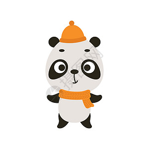 戴着帽子和围巾的可爱小熊猫 儿童 T 恤 托儿所装饰 迎婴派对 贺卡 邀请函 室内装饰的卡通动物角色 矢量股票图动物园海报风格庆图片