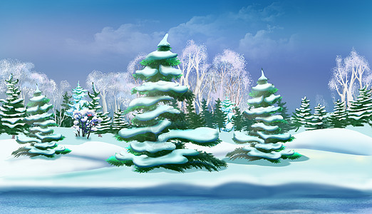 冬季森林中的圣诞树卡通片数字绘画松树色彩绿色树木白色插图雪堆图片