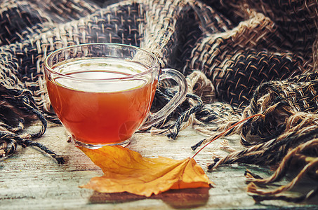 一杯茶和舒适的秋天背景 有选择的焦点女士女孩围巾桌子树叶格子男人毛衣夫妻标签图片