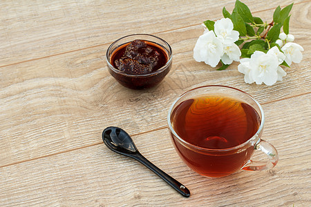 一杯茶 草莓果酱加白茉莉花植物食物玻璃杯子早餐草本植物饮食药品图片