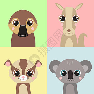 卡通风格的矢量动物集 澳大利亚可爱的动物 儿童风格的小动物系列 凤头鹦鹉 鸭嘴兽 袋鼠 考拉 糖负鼠收藏婴儿乐趣森林孩子老虎插图图片