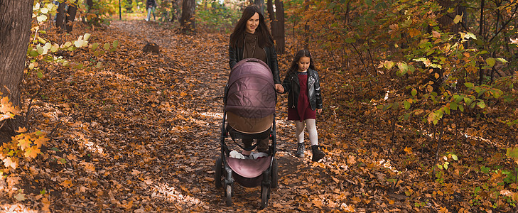 班纳的母亲和她的小女儿 以及一个婴儿在Pram 在秋天的木质复制空间散步图片