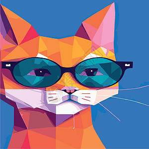 在带有太阳镜的几何多边形上手工绘制一只猫的肖像 矢量孤立元素 带眼镜的猫 打印胡须电影小猫猫咪剧院绘画艺术公主动物草图图片