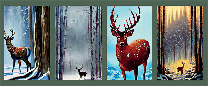 一组垂直海报 北部森林和野鹿肖像 矢量图示 带深冬季的风景以及北草林和野鹿肖像松树野生动物清洁度岩石麋鹿季节墙纸场景哺乳动物明信图片