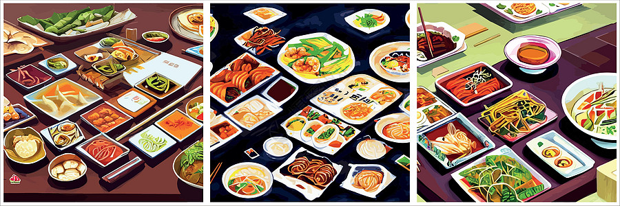 餐桌上刻着一套亚洲食品 最顶端是面条盘 菜菜单设计配熟面条桌子厨房海报柠檬筹码食物插图牛肉美食框架图片