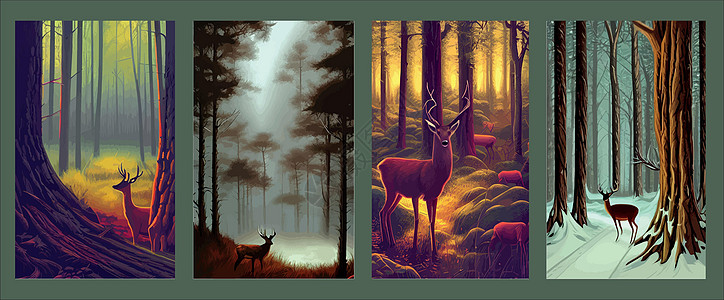 一组垂直海报 北边有黑暗森林和野鹿的风景 矢量图示 野生动物插图艺术墙纸动物木头地平线农村松树哺乳动物公园图片