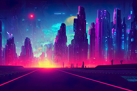 未来之夜的城市 城市的风景 在多彩背景与图片
