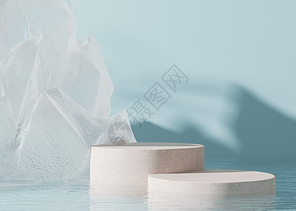 两个站在水中的讲台 蓝色背景上有抽象的冰或水晶形式 模拟产品 化妆品展示 美容产品的基座或平台 空旷的场景 舞台 3D渲染图片