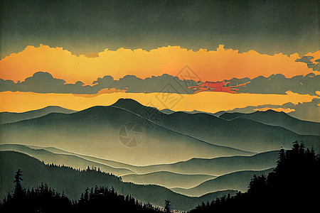 喀尔巴阡山脉美丽的日落和松林图片