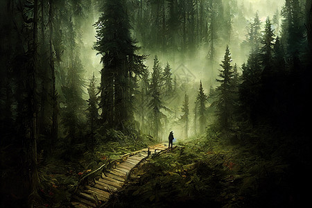 在暗绿森林中有一条路径的地貌景观图片