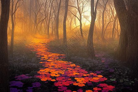 在日出时穿过树林 魔幻的幻想森林图片