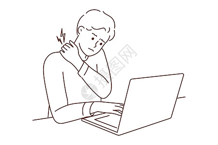 疲累的男子在计算机工作时背负着后遗症座位电脑按摩脊柱肩膀绘画办公室痛苦桌子保健图片