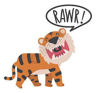 老虎张嘴咆哮的矢量插图涂鸦宠物动物打印艺术童年卡通片卡片球座图片