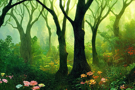 一个美丽的魔法森林 有着巨大的童话般的树木图片