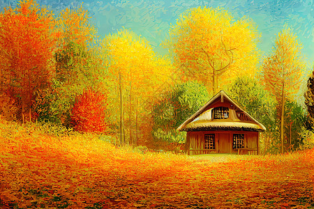 秋木林 有木屋 在葛莱德 2D卡通画图片