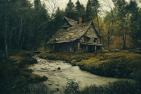 树林里的老木屋 在溪边的树林里图片