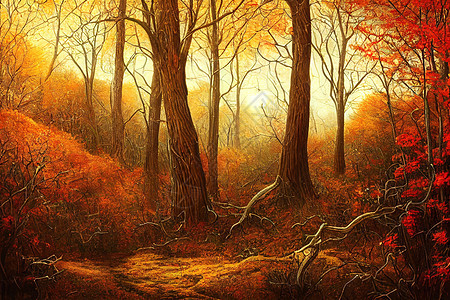 秋天自然景观 阳光的秋林 美丽的多彩树木图片
