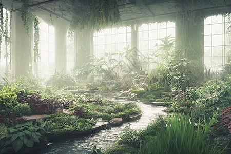 充满植物和水道的美丽的室内花园 3D使光现实化水路石板背景瀑布吸引力温室晴天风景公园房子背景图片