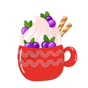 圣诞红杯和热巧克力 或咖啡加奶油和华芙卷 卡通风格的矢量插图 美味的热饮图片
