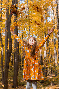 快乐的女童扔秋叶 在户外笑  秋和季概念幸福微笑乐趣婴儿橙子季节叶子童年女孩公园图片